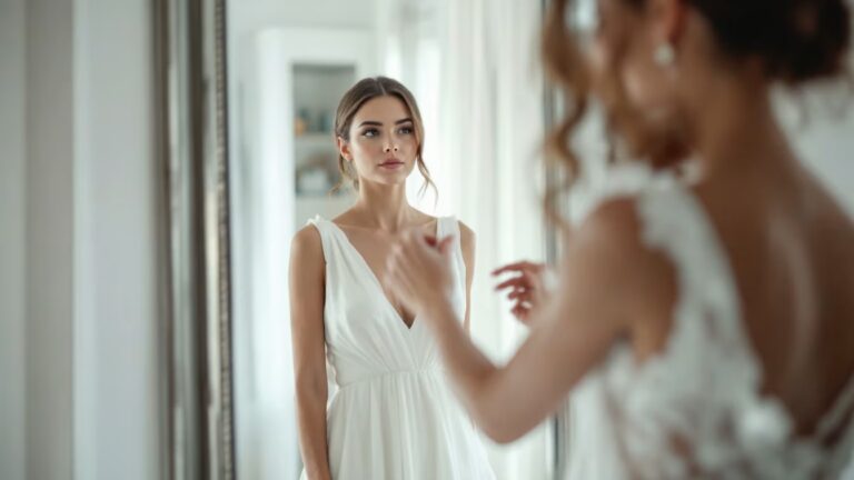 Une future mariée essaie une robe claire devant un miroir, tandis qu’une main ajuste le haut et que le tissu reste bien en place.
