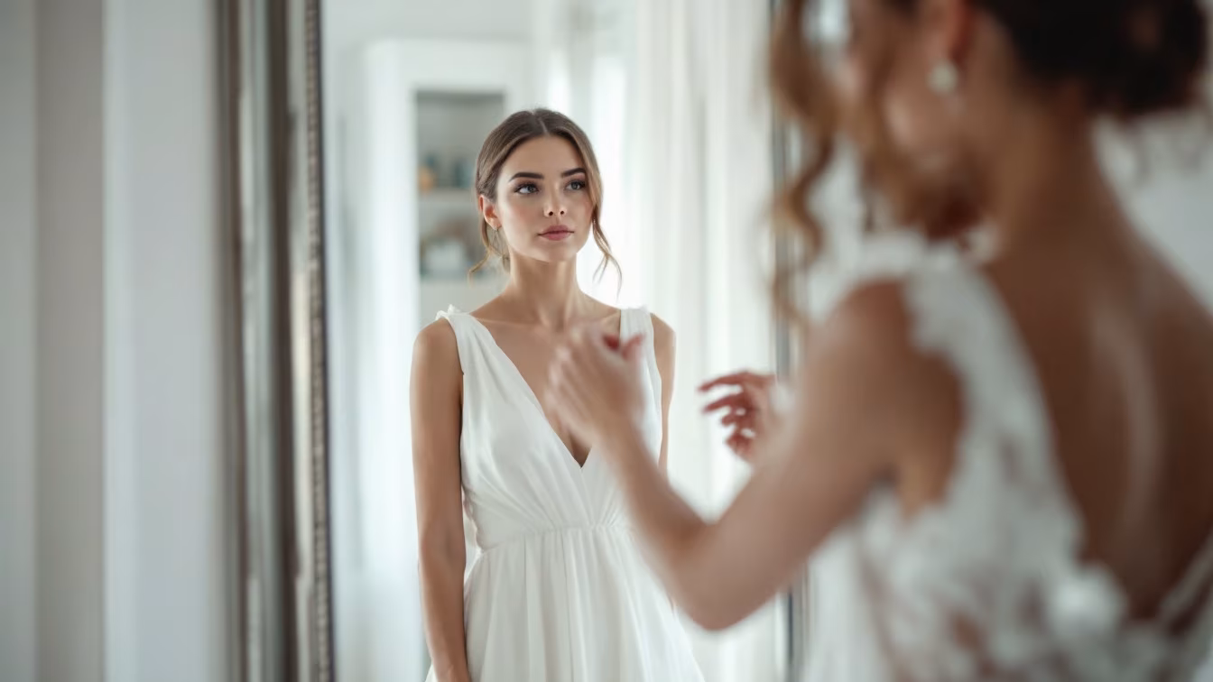 Une future mariée essaie une robe claire devant un miroir, tandis qu’une main ajuste le haut et que le tissu reste bien en place.